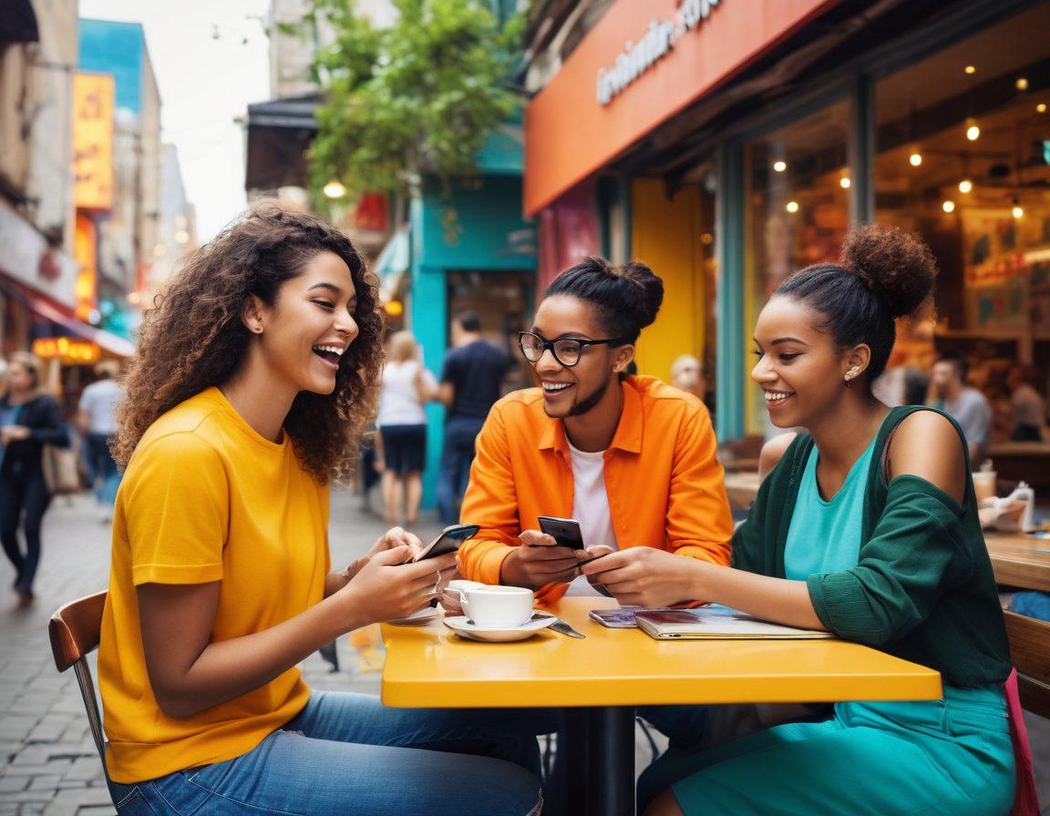 A dynamic scene depicting a diverse group of individuals of various backgrounds joyfully interacting with smartphones, surrounded by vibrant hashtags and tweets floating in the air. The setting combines a modern café and bustling city backdrop, symbolizing the online and offline worlds. Bright colors draw attention to the energetic atmosphere, with a focus on expressions of excitement and creativity. super-realistic. colorful. urban setting.