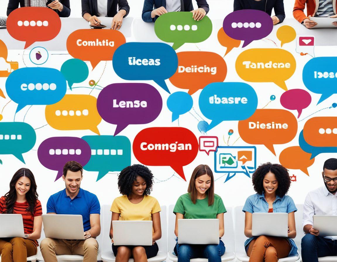 A vibrant collage of diverse individuals engaging in microblogging on various devices, surrounded by colorful speech bubbles representing ideas and comments. Incorporate elements like social media icons and an interactive community environment, showcasing connection and communication. Make it feel lively and inviting. super-realistic. vibrant colors. white background.